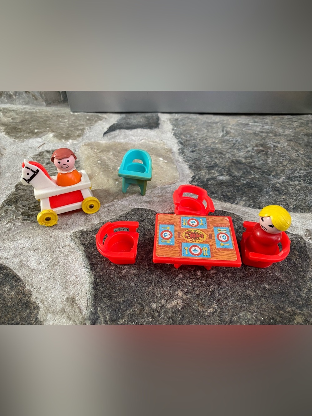 Vintage Fisher Price Little People set rocking horse, high chair and table set